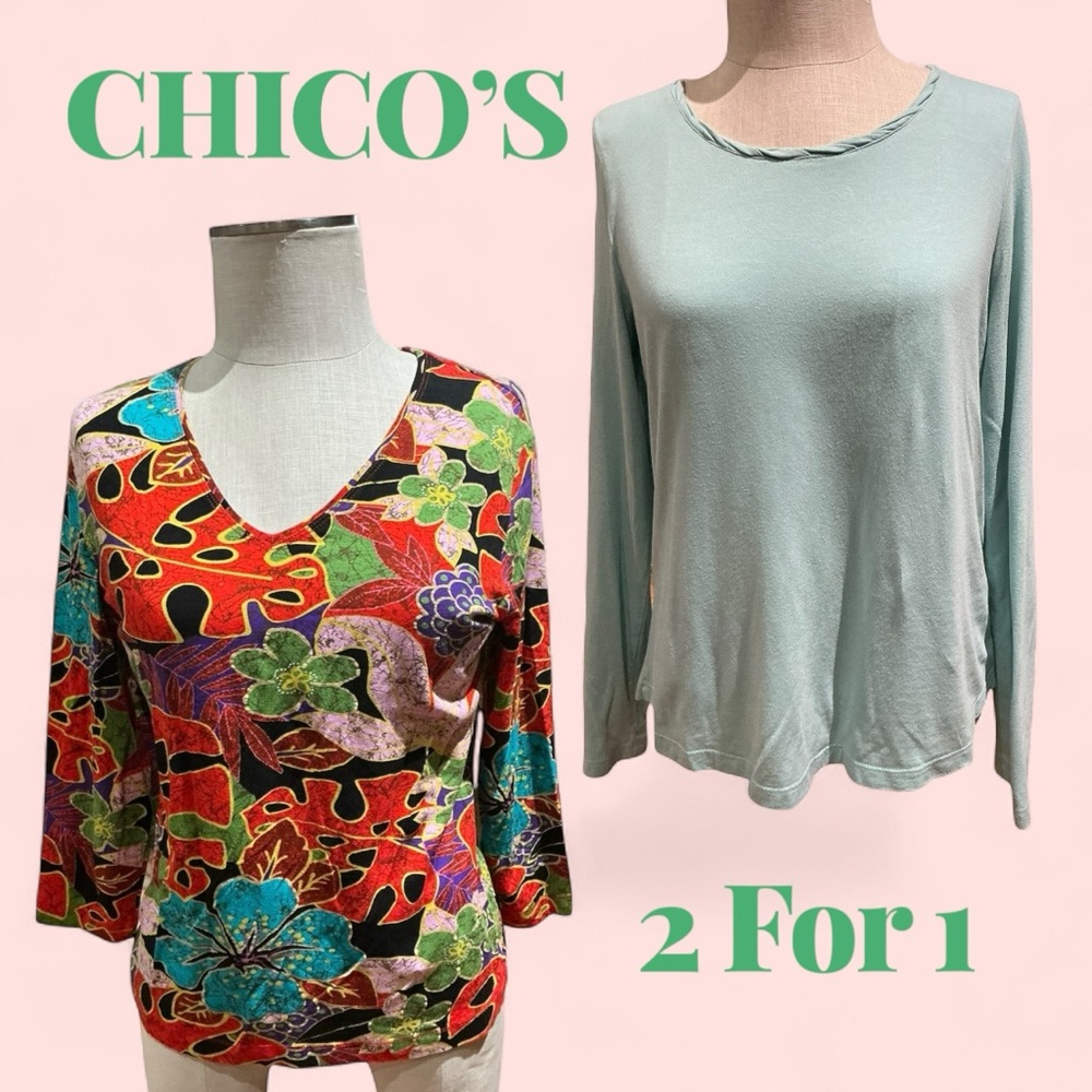 Chico’s Size 1 Tunic Top Bundle Blue Floral Long Sleeve 2 Piece